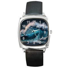 Tsunami Waves Ocean Sea Water Rough Seas 2 Square Metal Watch by Pakemis