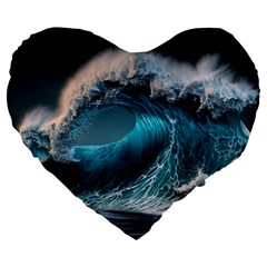 Tsunami Waves Ocean Sea Water Rough Seas 2 Large 19  Premium Heart Shape Cushions by Pakemis