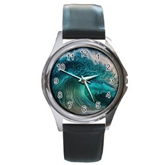 Tsunami Waves Ocean Sea Water Rough Seas Round Metal Watch by Pakemis