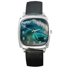 Tsunami Waves Ocean Sea Water Rough Seas Square Metal Watch by Pakemis