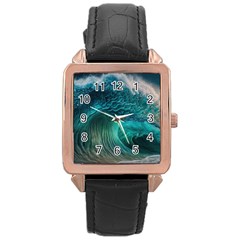 Tsunami Waves Ocean Sea Water Rough Seas Rose Gold Leather Watch  by Pakemis