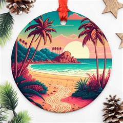 Palm Trees Tropical Ocean Sunset Sunrise Landscape Ornament (round) by Pakemis