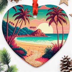 Palm Trees Tropical Ocean Sunset Sunrise Landscape Ornament (heart)