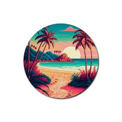 Palm Trees Tropical Ocean Sunset Sunrise Landscape Rubber Round Coaster (4 Pack) by Pakemis