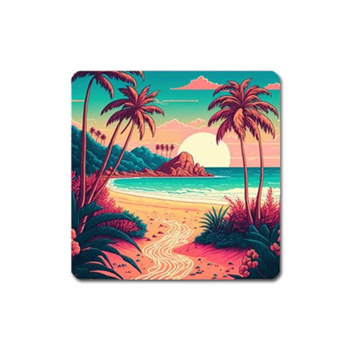 Palm Trees Tropical Ocean Sunset Sunrise Landscape Square Magnet