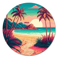 Palm Trees Tropical Ocean Sunset Sunrise Landscape Magnet 5  (round) by Pakemis