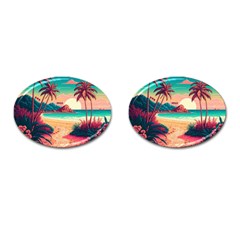 Palm Trees Tropical Ocean Sunset Sunrise Landscape Cufflinks (oval) by Pakemis