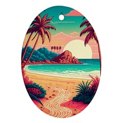 Palm Trees Tropical Ocean Sunset Sunrise Landscape Oval Ornament (two Sides)