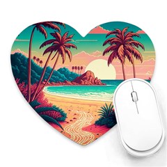 Palm Trees Tropical Ocean Sunset Sunrise Landscape Heart Mousepad by Pakemis