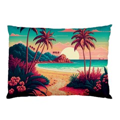 Palm Trees Tropical Ocean Sunset Sunrise Landscape Pillow Case by Pakemis