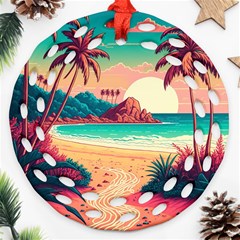 Palm Trees Tropical Ocean Sunset Sunrise Landscape Ornament (round Filigree)