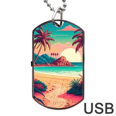 Palm Trees Tropical Ocean Sunset Sunrise Landscape Dog Tag Usb Flash (one Side) by Pakemis