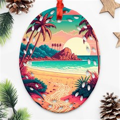 Palm Trees Tropical Ocean Sunset Sunrise Landscape Oval Filigree Ornament (two Sides)