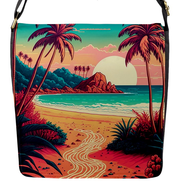 Palm Trees Tropical Ocean Sunset Sunrise Landscape Flap Closure Messenger Bag (S)