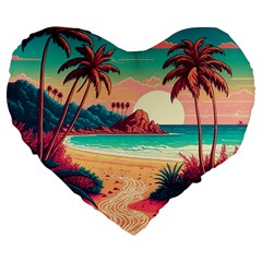 Palm Trees Tropical Ocean Sunset Sunrise Landscape Large 19  Premium Flano Heart Shape Cushions by Pakemis