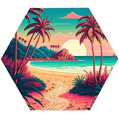 Palm Trees Tropical Ocean Sunset Sunrise Landscape Wooden Puzzle Hexagon by Pakemis