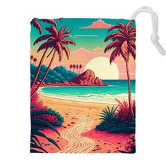 Palm Trees Tropical Ocean Sunset Sunrise Landscape Drawstring Pouch (4xl) by Pakemis