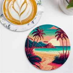 Palm Trees Tropical Ocean Sunset Sunrise Landscape Uv Print Round Tile Coaster by Pakemis