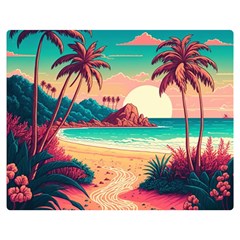 Palm Trees Tropical Ocean Sunset Sunrise Landscape One Side Premium Plush Fleece Blanket (medium) by Pakemis