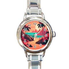 Tropical Beach Sea Jungle Ocean Landscape Round Italian Charm Watch