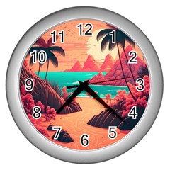 Tropical Beach Sea Jungle Ocean Landscape Wall Clock (silver) by Pakemis