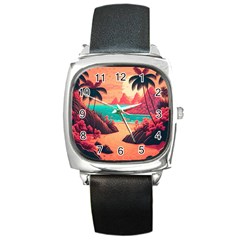 Tropical Beach Sea Jungle Ocean Landscape Square Metal Watch