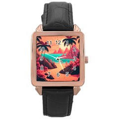 Tropical Beach Sea Jungle Ocean Landscape Rose Gold Leather Watch 