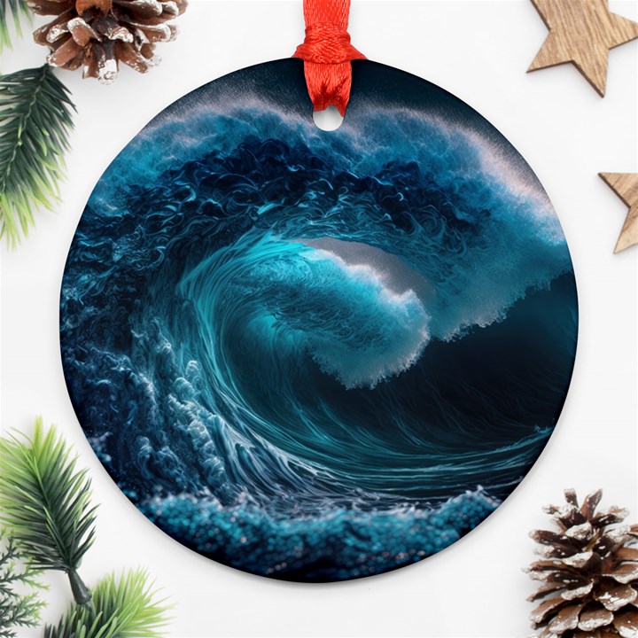 Tsunami Waves Ocean Sea Water Rough Seas 3 Ornament (Round)