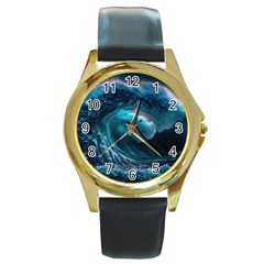 Tsunami Waves Ocean Sea Water Rough Seas 3 Round Gold Metal Watch by Pakemis