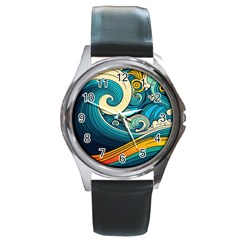 Waves Wave Ocean Sea Abstract Whimsical Abstract Art Round Metal Watch