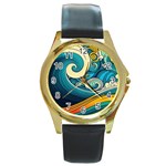 Waves Wave Ocean Sea Abstract Whimsical Abstract Art Round Gold Metal Watch Front