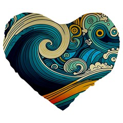 Waves Wave Ocean Sea Abstract Whimsical Abstract Art Large 19  Premium Flano Heart Shape Cushions by Pakemis