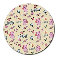 Pig Animal Love Romance Seamless Texture Pattern Round Mousepad by Wegoenart