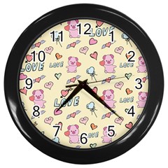 Pig Animal Love Romance Seamless Texture Pattern Wall Clock (black) by Wegoenart