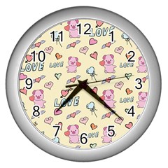 Pig Animal Love Romance Seamless Texture Pattern Wall Clock (silver) by Wegoenart