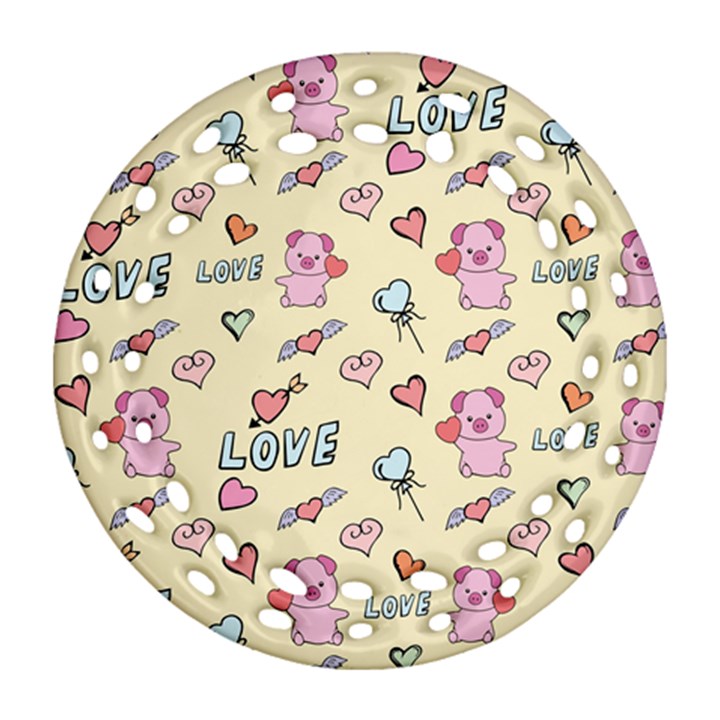 Pig Animal Love Romance Seamless Texture Pattern Round Filigree Ornament (Two Sides)