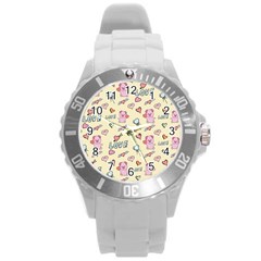 Pig Animal Love Romance Seamless Texture Pattern Round Plastic Sport Watch (l) by Wegoenart