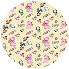 Pig Animal Love Romance Seamless Texture Pattern Wooden Puzzle Round by Wegoenart