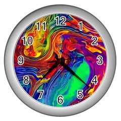 Waves Of Colorful Abstract Liquid Art Wall Clock (silver) by GardenOfOphir