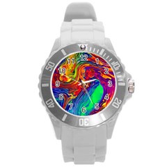 Waves Of Colorful Abstract Liquid Art Round Plastic Sport Watch (l) by GardenOfOphir