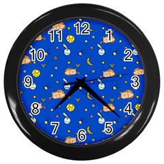 Cat Animals Sleep Stars Seamless Background Wall Clock (Black)