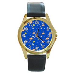 Cat Animals Sleep Stars Seamless Background Round Gold Metal Watch