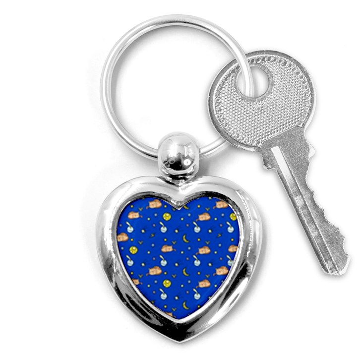 Cat Animals Sleep Stars Seamless Background Key Chain (Heart)