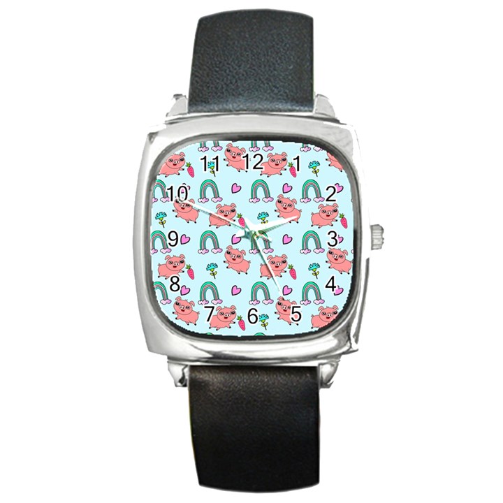 Pigs Pattern Art Design Drawing Sketch Wallpaper Square Metal Watch