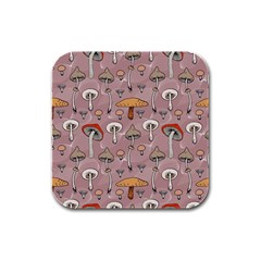 Mushrooms Autumn Fall Pattern Seamless Decorative Rubber Square Coaster (4 Pack) by Wegoenart