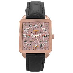 Mushrooms Autumn Fall Pattern Seamless Decorative Rose Gold Leather Watch  by Wegoenart