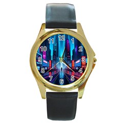 City People Cyberpunk Round Gold Metal Watch by Jancukart