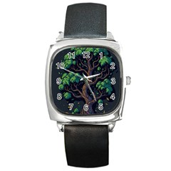 Tree Nature Cartoon Drawing Comic Square Metal Watch