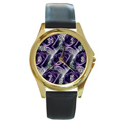 Purple Flower Rose Petals Plant Round Gold Metal Watch