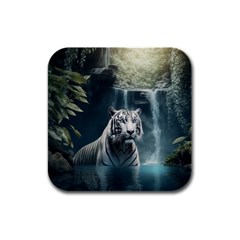 Tiger White Tiger Nature Forest Rubber Square Coaster (4 Pack)